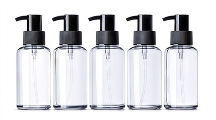 Naklejka premium Elegant transparent cosmetic bottles with black pumps arranged symmetrically on a clean white backdrop for versatile beauty use