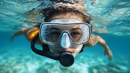 Naklejka premium Underwater View of a Woman Snorkeling