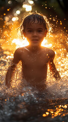 Obraz premium Golden light shines on a boy playing in water