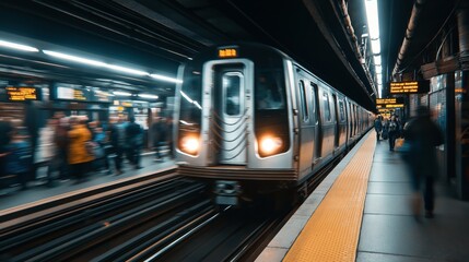 Naklejka premium Subway train arriving at an underground station platform with blurred motion, people waiting, and illuminated signs