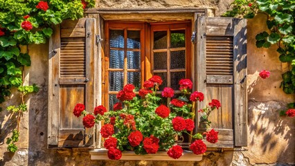 A weathered wooden window with shutters, adorned with vibrant red blossoms, nestled within a sun-drenched stone facade, creating a captivating scene of rustic charm and natural beauty.