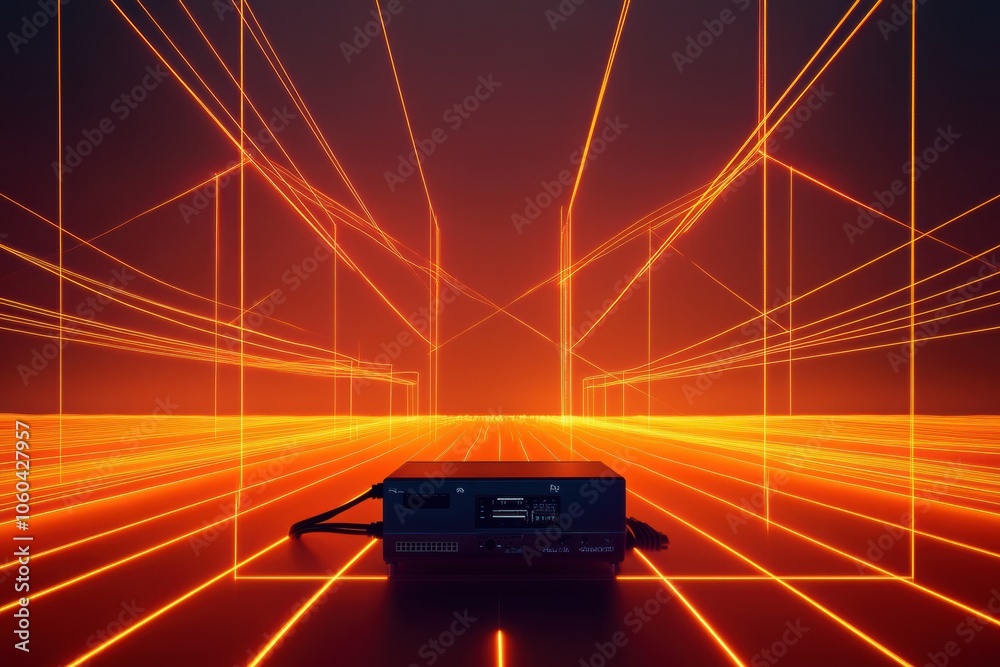 Poster Network cables connect to a central router, surrounded by abstract glowing lines, creating an immersive digital environment. Generative AI
