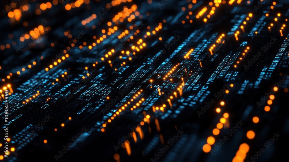 Poster a binary code matrix background, featuring a grid of glowing binary digits set against a dark backdr