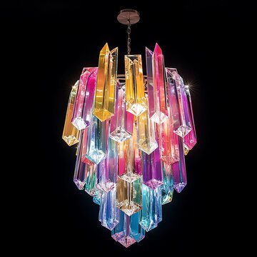 Modern crystal chandelier with iridescent glass prisms hanging from the ceiling.
