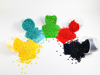Various colors of masterbatch granules are poured onto the color chip, a polymer that carries color...