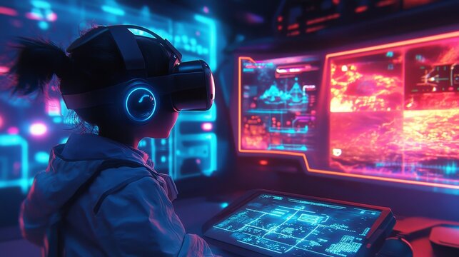 Virtual Reality STEAM Exploration in Futuristic Classroom with Glowing Neon - Child Learning Technology Education Experience