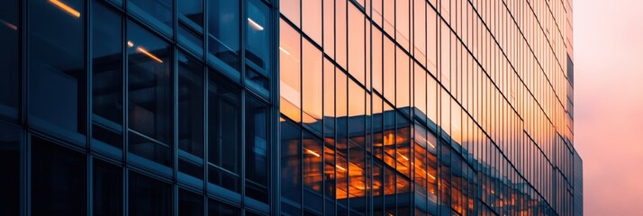 A contemporary office structure showcases surveillance cameras while reflecting a stunning sunset with colorful hues on its glass facade. Generative AI