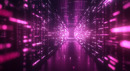 Obraz premium Futuristic Corridor with Glowing Pink Lights in Digital Abstract Space