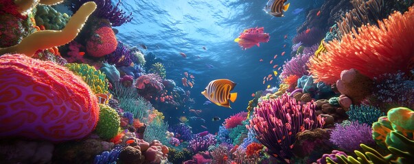 Vibrant coral reef teeming with life, showcasing a diverse array of coral formations and colorful fish.