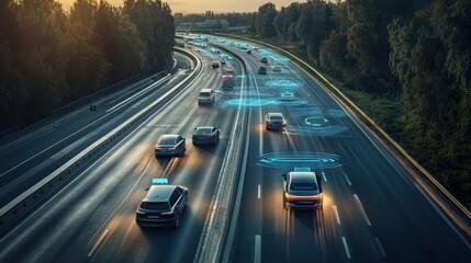 An overhead view of several autonomous vehicles merging smoothly onto