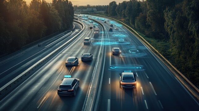 An overhead view of several autonomous vehicles merging smoothly onto