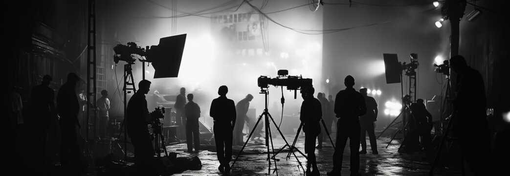 Film Crew and Equipment on Set Creating Cinematic Scene in Black and White