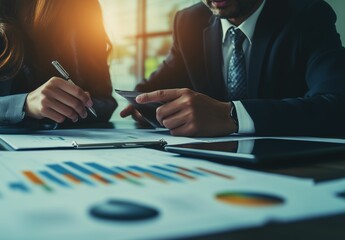 Business Meeting with Financial Documents and Data Analysis in Modern Office