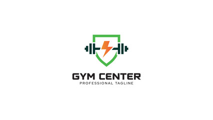 Fitness logo design. Logo vector of a shield with thunder barbell. Minimalist gym icon outline style