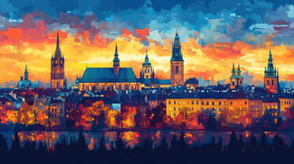 Obraz premium Krakow, Poland, Pop Art style theme print. Cityscape, city skyline.Vibrant, bright, modern, trendy, graphic designed for poster, card, wallpaper