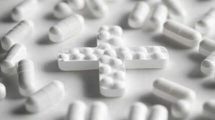 various colored pills arranged in the shape of a cross on a clean white background symbolizing the intersection