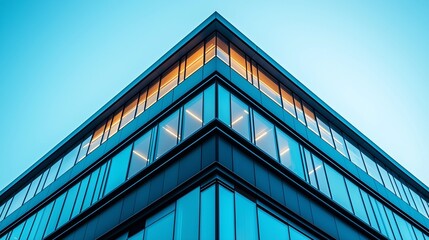 Obraz premium Close-Up of Glass and Steel Corner Edge of Office Building in Dark Blue Color Scheme Against White Sky