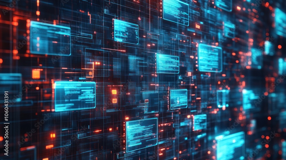 Poster abstract network grid with icons of files and folders floating in a virtual space symbolizing a digi