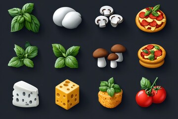 A collection of food ingredients including herbs, cheese, mushrooms, and pizza toppings.