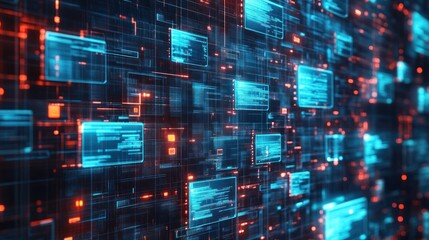 Abstract network grid with icons of files and folders floating in a virtual space symbolizing a digital document storage system,