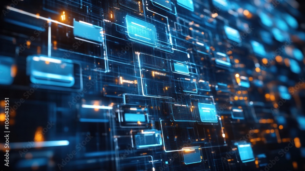 Poster abstract network grid with icons of files and folders floating in a virtual space symbolizing a digi
