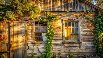 Naklejka premium A Rustic Wooden Structure Bathed in Golden Sunlight, with Weathered Walls and Vines Growing Up the Sides, a Window Reflecting the Sun's Rays, and a Door Leading to an Unknown Interior
