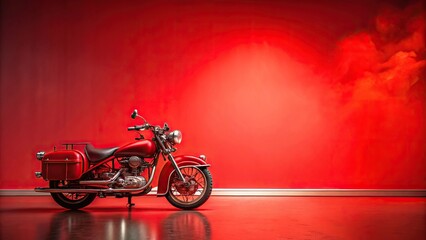 Obraz premium A bright fire engine red background with a vintage style motorcycle parked in the center, retro style, retro car, distressed metal