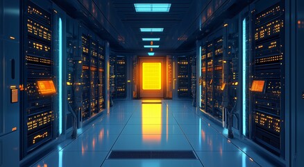 A high-tech data center hallway with glowing blue and orange lights on server racks. The brightly lit corridor suggests fast data processing, cloud computing, and advanced technology infrastructure.