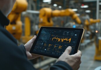 Engineer Using Tablet to Monitor Real-Time Industrial Data in an Automated Smart Factory