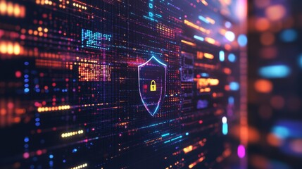The display features a colorful shield and lock icon, representing digital security and the importance of safeguarding online information. Generative AI
