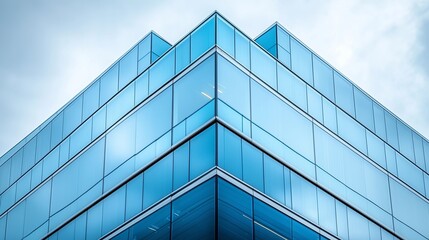 Fototapeta premium Close-Up of Glass and Steel Corner Edge of Office Building in Dark Blue Color Scheme Against White Sky