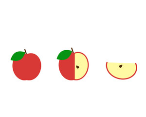 A whole apple, half an apple, a slice of an apple. Vector simple color flat illustration.