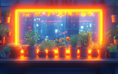 A vibrant window scene filled with potted plants, illuminated by neon light.