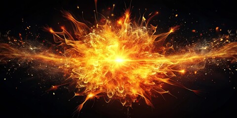 Fototapeta premium A vibrant burst of golden energy erupts with radiating tendrils, exploding into a fiery spectacle against a dark backdrop.