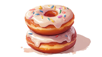 A stack of donuts with icing and toppings, shown with slight shadows on a white background.


