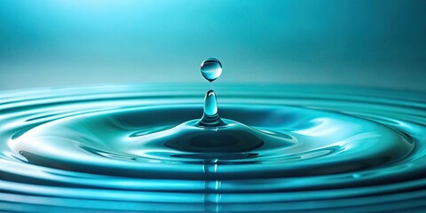 A droplet of cyan liquid slowly falls onto a smooth surface, creating a small, rounded pool., splat, wet surface, liquid fall, cyan liquid