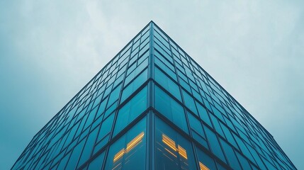 Close-Up of Glass and Steel Corner Edge of Office Building in Dark Blue Color Scheme Against White Sky