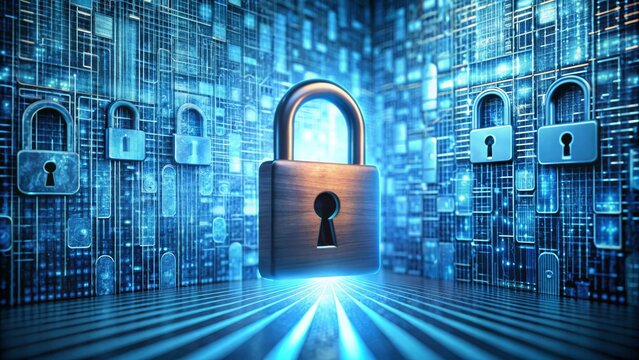 Data privacy day security concept with digital door lock and futuristic technology layers