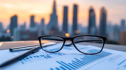 Plakat Financial planning with city view Minimalist White Background with Space for Text