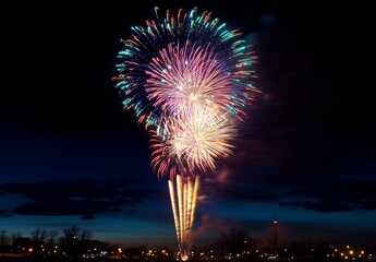Spectacular fireworks display illuminating city skyline at night, celebrating festive occasion
