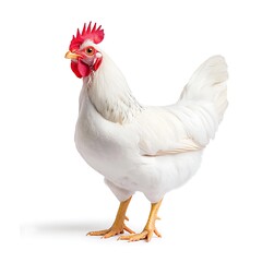 Fototapeta premium This image features a white chicken standing confidently against a clean white background, showcasing its features and farmyard charm. Perfect for agricultural themes.