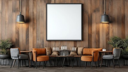 Modern seating area with orange and gray chairs, wooden wall with blank square frame, plants, and pendant lights