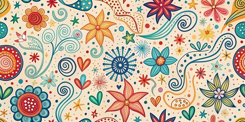 A Whimsical Tapestry of Swirling Flowers and Abstract Shapes in Vibrant Hues