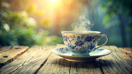 Fototapeta premium A vintage floral teacup sits on a weathered wooden surface with gentle sunlight illuminating the steam rising from the warm beverage.