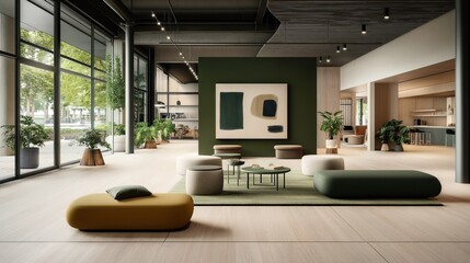 Modern open-concept lounge area with contemporary furniture, large abstract painting, natural lighting, and potted plants by large glass windows.