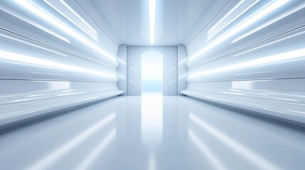 Abstract Futuristic White Room Featuring a Corridor and Light Beams, Representing an Innovative Technology Concept