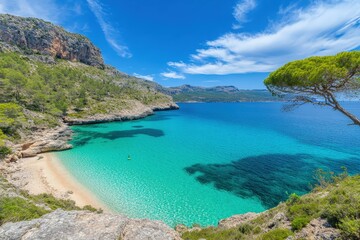 Aerial - calm turquoise water lagoon near ancient cave system, Mallorca. Beautiful simple AI generated image