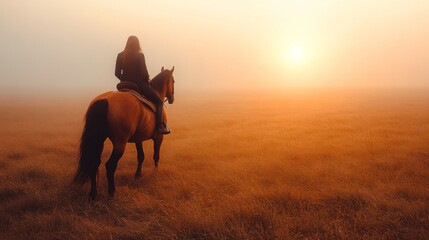Horseback Riding at Sunrise in a Misty Field