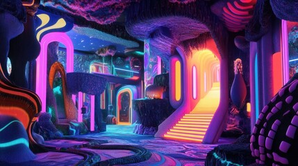 Obraz premium Digital artwork with neon colors and bold shapes in a retro, psychedelic style