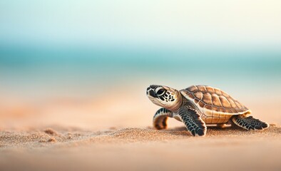 A close-up shot of an adorable little baby turtle on the sandy beach